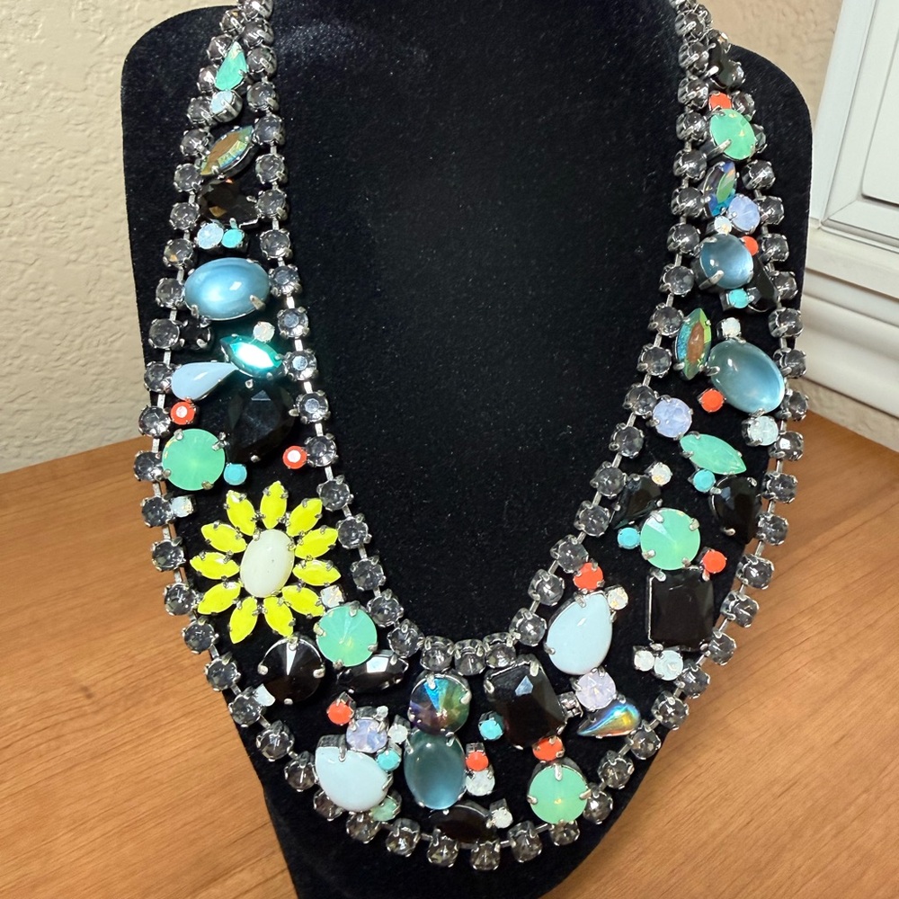 Logo Lavish Links Rhinestone Simulated Gemstone Wide Bib Necklace Multicolor